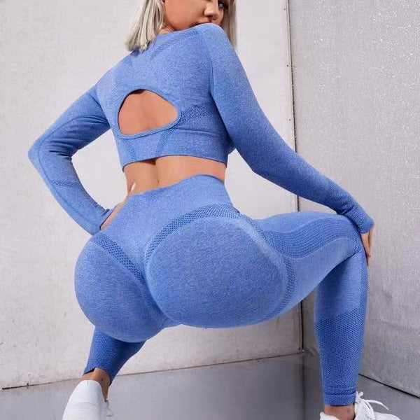 High Performance Hollow Out Women's Yoga Outdoor Fitness Set High Waisted Long Sleeve Leggings 2 Piece Outfit for Comfort and Style