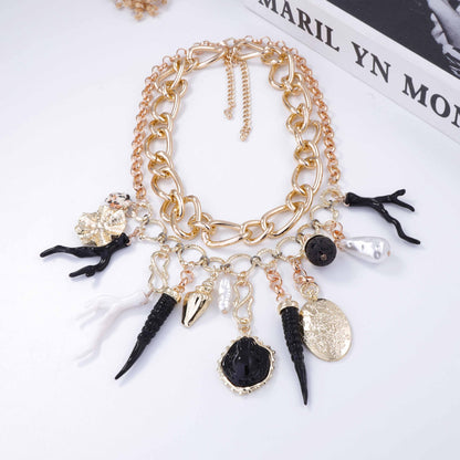 Stylish Ocean-Inspired Double-Layered Turtle and Coral Necklace with Faux Pearl Accents – Perfect for Casual Vacations and Beach Getaways!