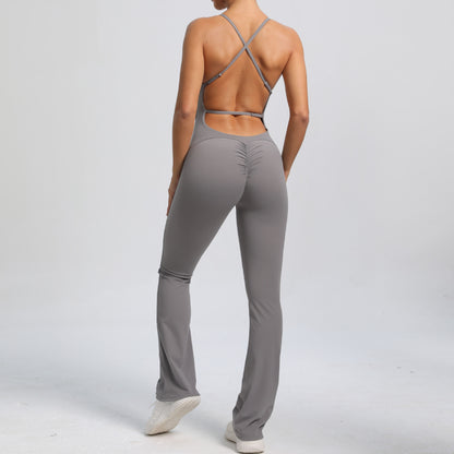 Adjustable Strap Beautiful Back Bodysuit for Peach Butt Yoga Jumpsuit and Fitness Wear with Flared Legs for Comfort and Flexibility