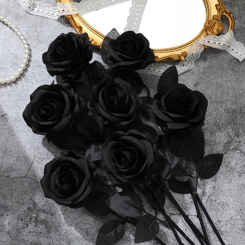 Gothic Black and Dark Red Artificial Roses - Halloween Decor, Realistic Faux Flowers for Photo Styling and Themed Decorations