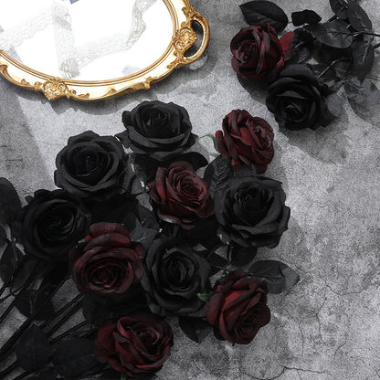 Gothic Black and Dark Red Artificial Roses - Halloween Decor, Realistic Faux Flowers for Photo Styling and Themed Decorations