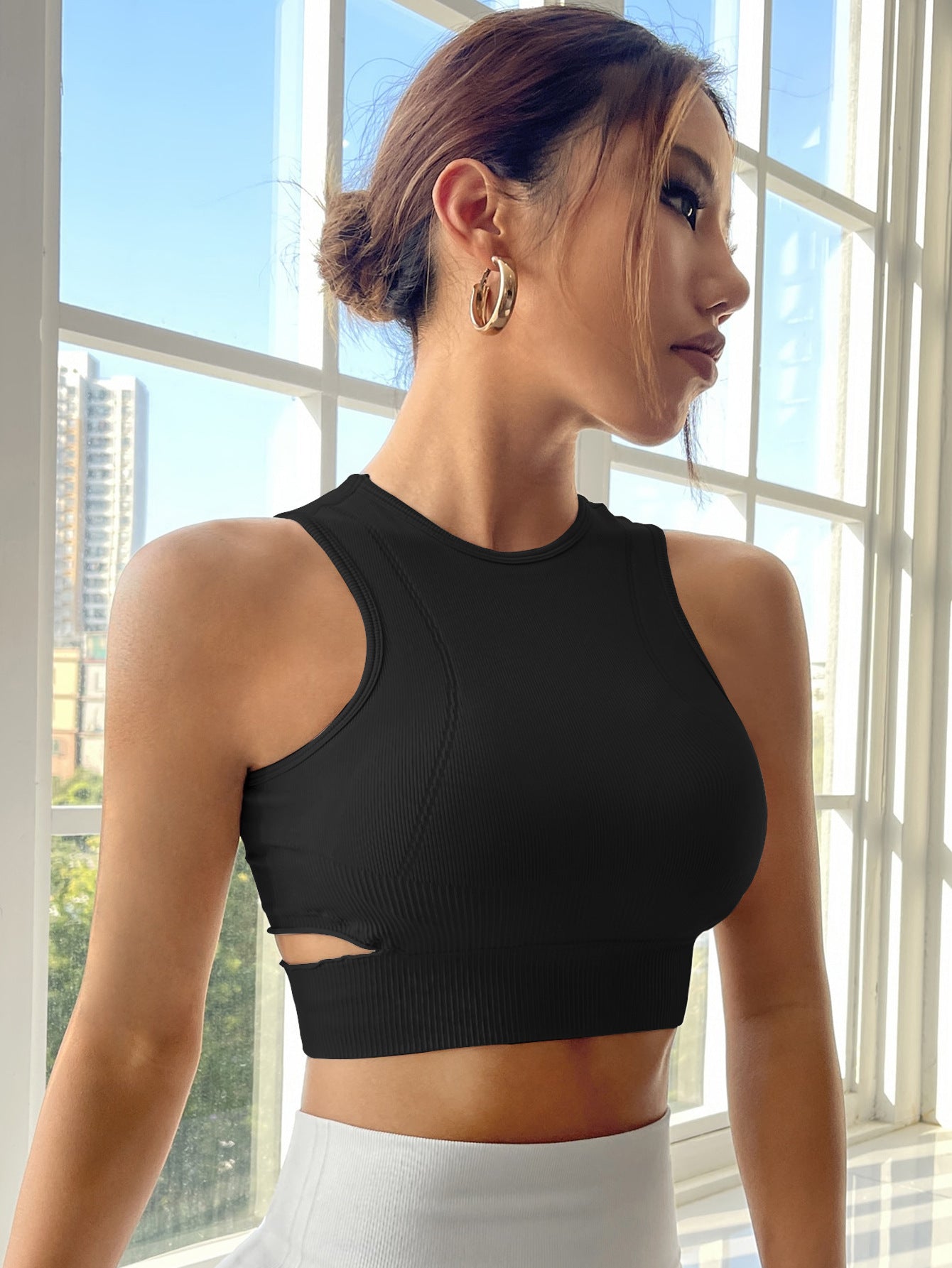 Women's Hollowed Out Yoga Tank Top with Ribbed Waist Supportive Sports Bra for Outdoor Fitness and Exercise