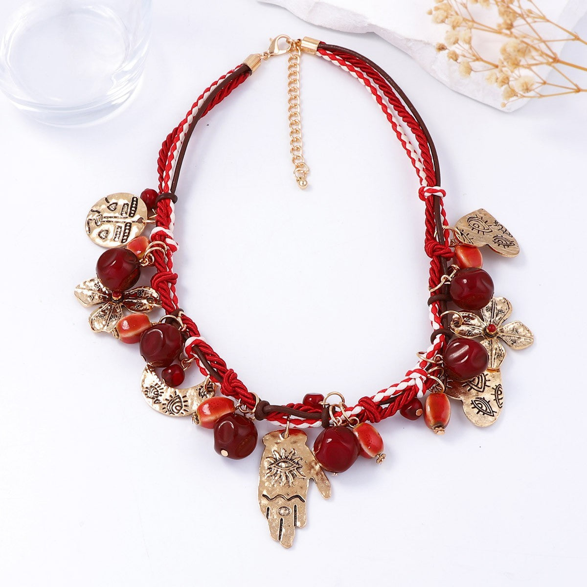 Bohemian Handcrafted Colorful Triple-Strand Red String Necklace with Alloy Charms - Versatile Casual Jewelry for Every Occasion