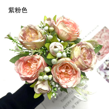 Realistic 5-Head Artificial Rose & Peony Flower Bouquet - Perfect for Weddings, Home Décor, and Special Events