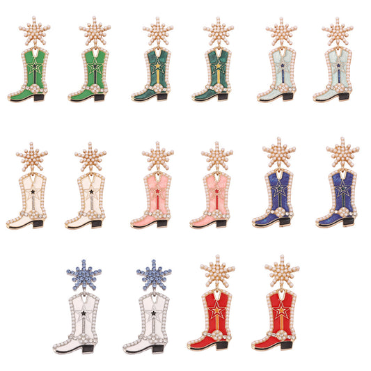 Exaggerated Creative Long Boot Earrings with Drip Oil Design – Vintage-Inspired Pearl and Snowflake Accents – Available in 8 Stunning Colors