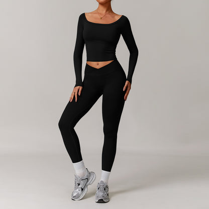 Soft Brushed Long Sleeve Yoga Set for Women Wide Neck Off Shoulder Design for Fitness and Gym Workouts Model 5036