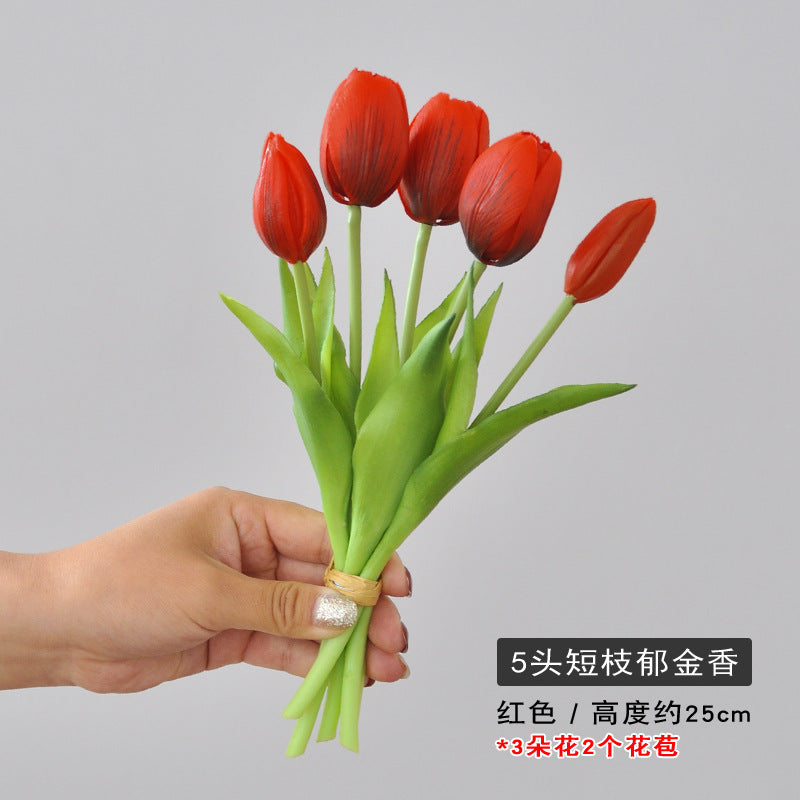 5-Head Short Stem Tulip Bouquet - Realistic Faux Flowers for Home Decor, Perfect Photo Props, and Soft Rubber Tulip Arrangement for Lasting Beauty