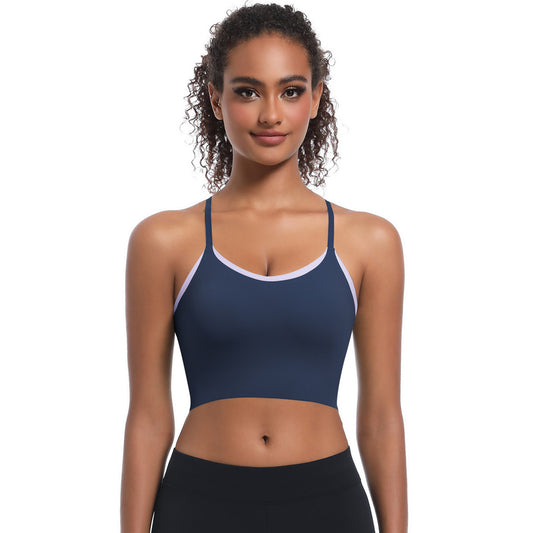 Invisible Wireless Adjustable Racerback Sports Bra with High Elasticity and Color Block Design for Comfort and Support during Running and Workouts