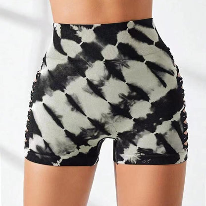 High Waisted Seamless Butt Lifting Tie Dye Yoga Shorts with Side Cutouts for Running Gym Workouts and Athleisure