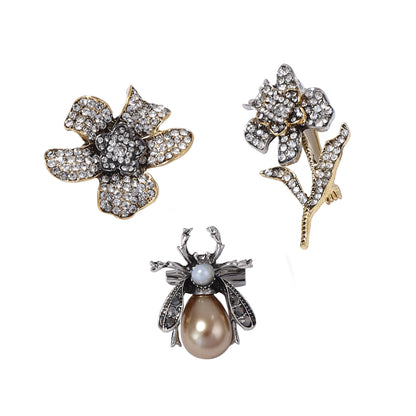 Elegant Luxury Floral and Insect Brooch Set with Sparkling Diamonds - Exquisite Design for Women