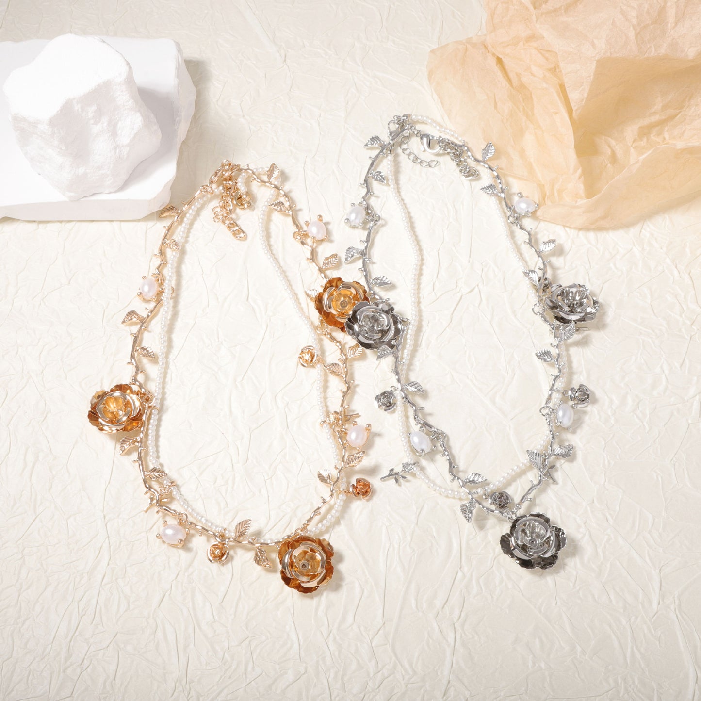 Chic Vintage-Inspired Layered Pearl Rose Flower Necklace - Elegant Multi-Layered Design for Effortless Style