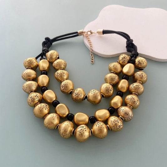 Exaggerated Vintage Triple-Layer Gold Beaded Handmade Braided Necklace - Chic Street Style Accessory for Bold Fashion Statements