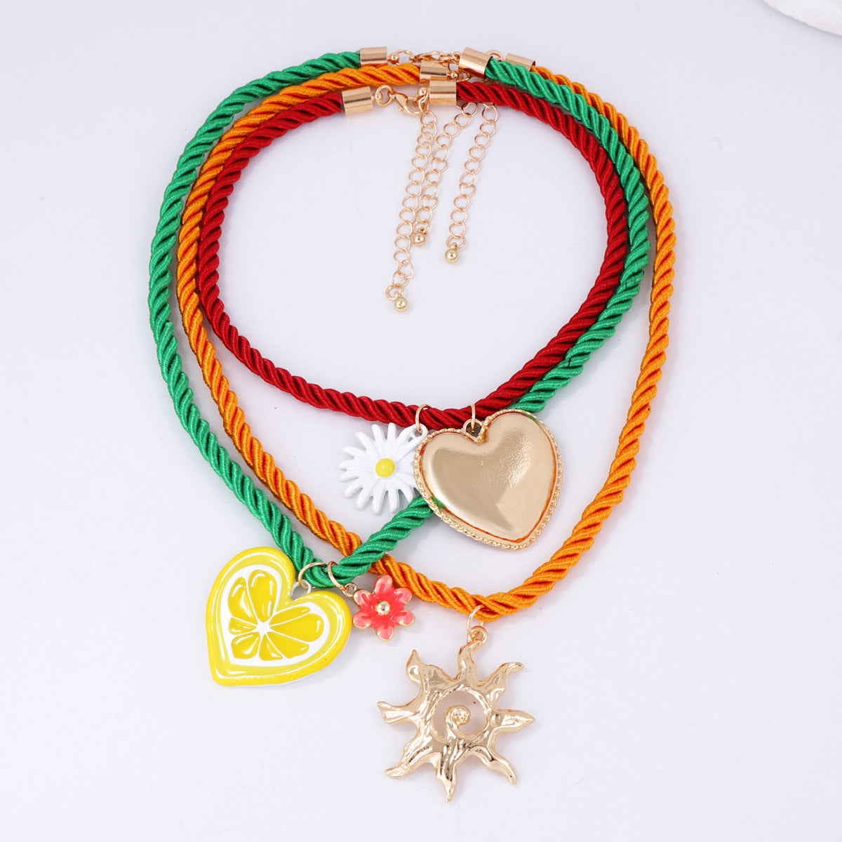 Charming Summer Multi-Layered Colorful Heart Pendant Necklace with Cute Flower Accents - Ideal for Casual Vacations and Stylish Outings