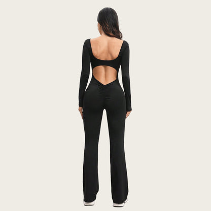 Women's Slim Fit Long Sleeve Yoga Jumpsuit with Butt Lifting Design Flared Leg Pants for Dance Running and Fitness Comfortable Activewear