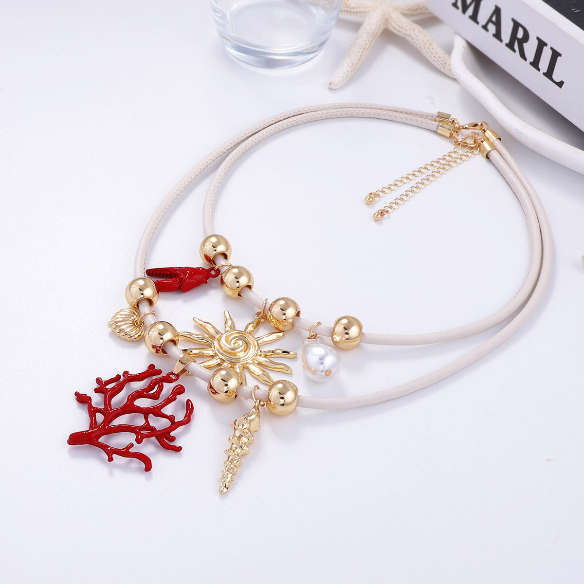 Stylish High-End Alloy Coral Sun Necklace with Imitation Pearls – Double Layered, Wearable with Leather Cord – Perfect Jewelry for Women