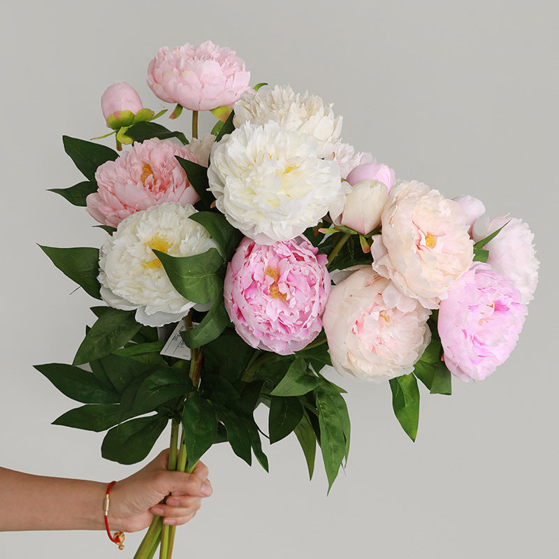 Elegant Nordic Home Decor: White Faux Floral Bouquet with Three Heads of Peony and Peony Blossoms for Living Room Decoration