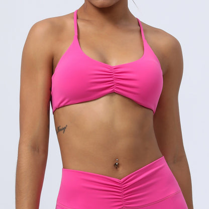 Y Back Sports Bra with Delicate Straps and Ruching for Indoor Training Yoga and Fitness Workouts