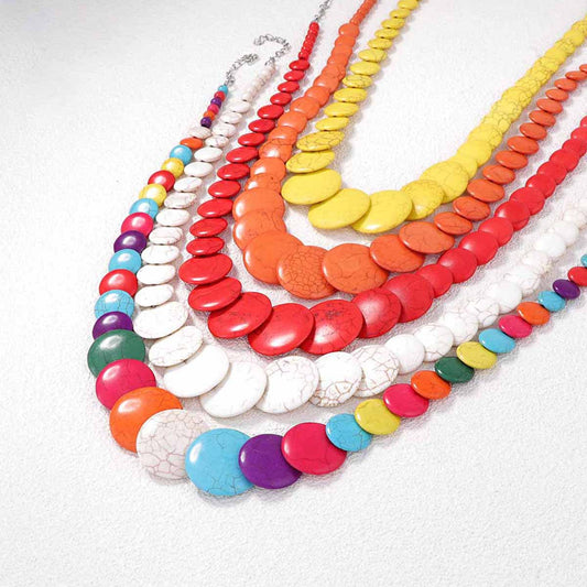 Bohemian Vintage Style Colorful Turquoise Beaded Necklace with Discs - Multi-Color Options for Women's Sweater Accessories