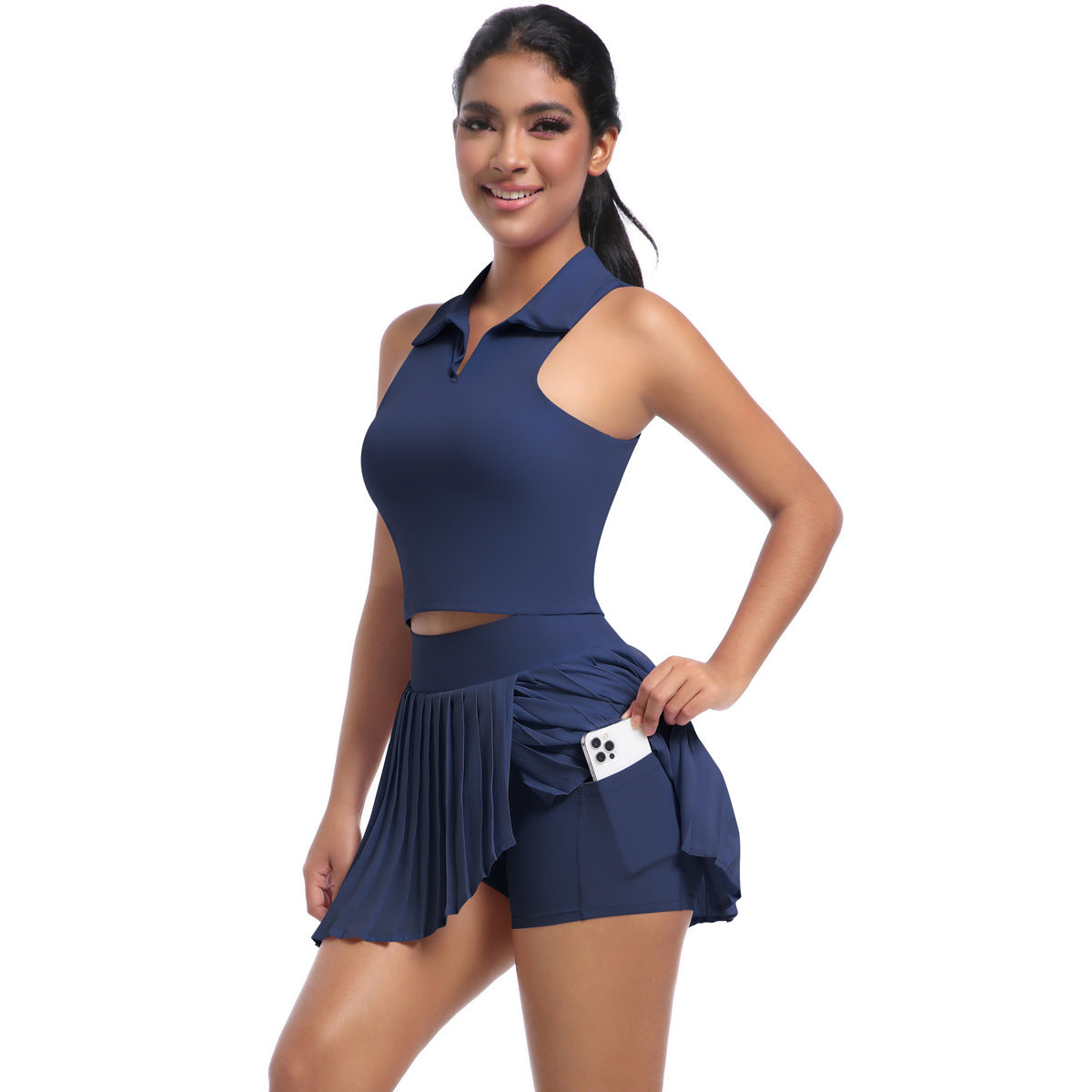 Breezy Solid Color Polo Style Vest with Pleated Mini Skirt Set for Running Fitness and Yoga Workouts