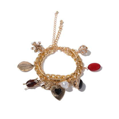 Unique Vintage-Inspired Double Layer Heart and Insect Pendant Chain Bracelet - Versatile Casual Accessory for Any Occasion