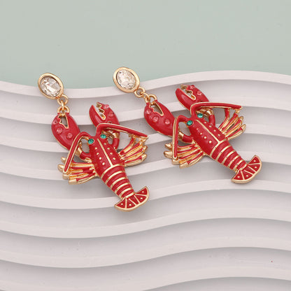 Exquisite  Creative Alloy Enamel Lobster Earrings with Dazzling Rhinestones - Make a Bold Fashion Statement