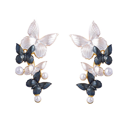 Chic Minimalist Alloy Thin-Coated Color Block Faux Pearl Butterfly Stud Earrings - Elegant Everyday Jewelry for Women
