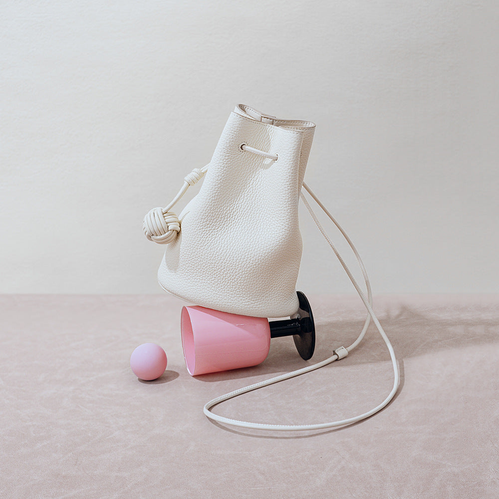 Chic Korean Style Drawstring Bucket Bag Genuine Leather Women's Minimalist Crossbody and Shoulder Bag in Grain Cowhide