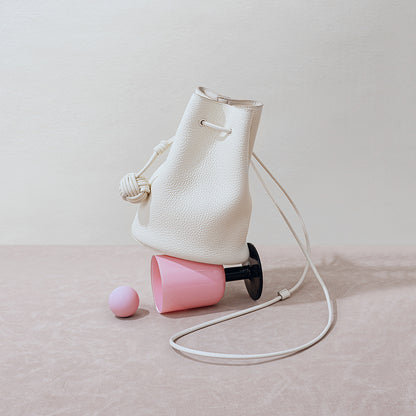 Chic Korean Style Drawstring Bucket Bag Genuine Leather Women's Minimalist Crossbody and Shoulder Bag in Grain Cowhide