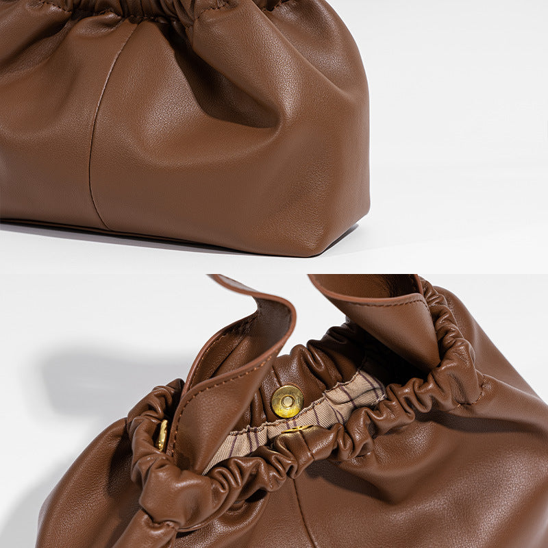 Chic Minimalist Crinkled Cloud Design Genuine Leather Handbag Versatile Early Autumn Shoulder Crossbody Bag for Everyday Elegance