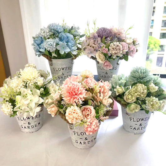 Stunning Faux Hydrangea and Rose Potted Plant Set in Vintage Tin Bucket with Rustic Jute Rope – Perfect for Home Decor