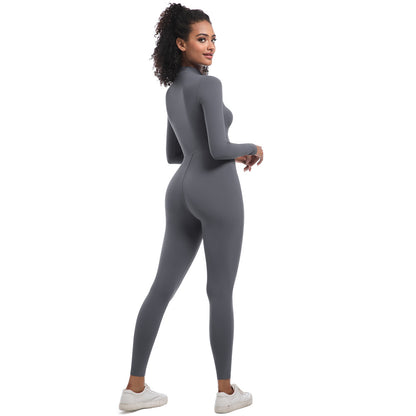 Women's Long Sleeve Zippered Bodysuit Figure Flattering Yoga Workout Jumpsuit for Enhanced Curves for Running and Fitness