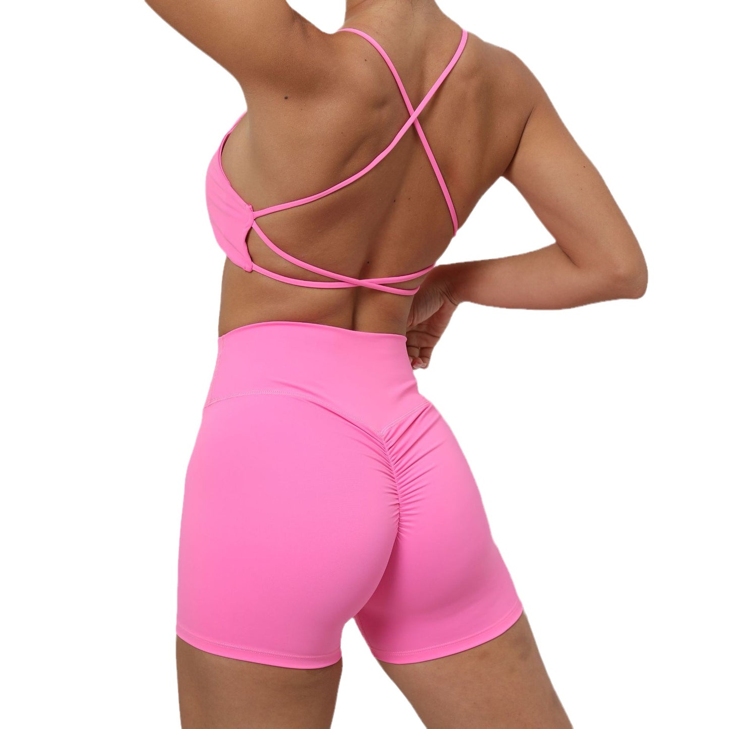 Cross Back Sports Bra and Peachy Butt Shorts Yoga Set Quick Dry Moisture Wicking Workout Outfit for Running Fitness and Gym