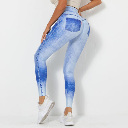 High Performance Digital Print Denim Blue Stretchy Yoga Pants for Women Quick Dry Comfortable Fitness and Running Leggings