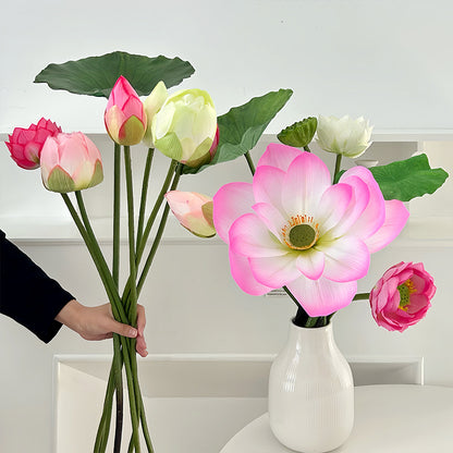 Realistic Pink Lotus Flower Arrangement with Lotus Leaves and Pods - Perfect Faux Floral Decor for Living Rooms, Photography Props, and Home Accents