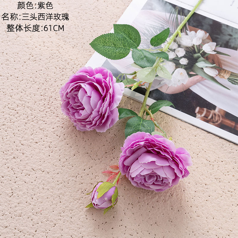 Elegant European-Style 3-Head Peony and Western Rose Artificial Flower Arrangement for Home Decor, Wedding Celebrations, and Wall Art - MW51010