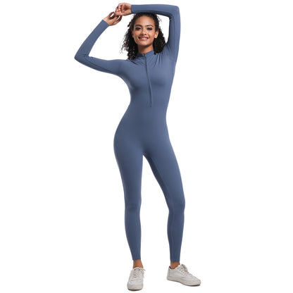 Women's Zipper Long Sleeve Yoga Jumpsuit Quick Dry High Intensity Workout Bodysuit for Running and Fitness