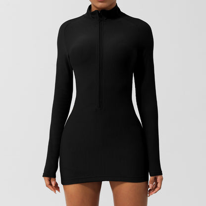 Women's Ribbed Half Zip Long Sleeve Jumpsuit and Slim Fit Polo Collar Mini Dress for Casual Sportswear Everyday Chic