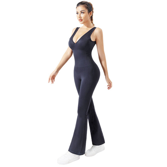 Seamless Deep V Yoga Jumpsuit for Women Flared Wide Leg Activewear Quick Dry Performance Ideal for Gym and Studio Workouts