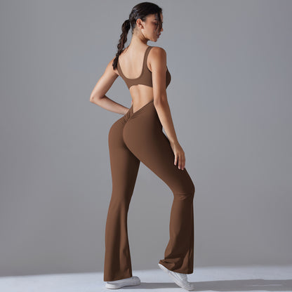 Beautiful Hollow Back Bodysuit for Women Peach Cutting High Waisted Sports Jumpsuit with Flared Pants and Butt Lifting Design for Yoga Gym and Activewear