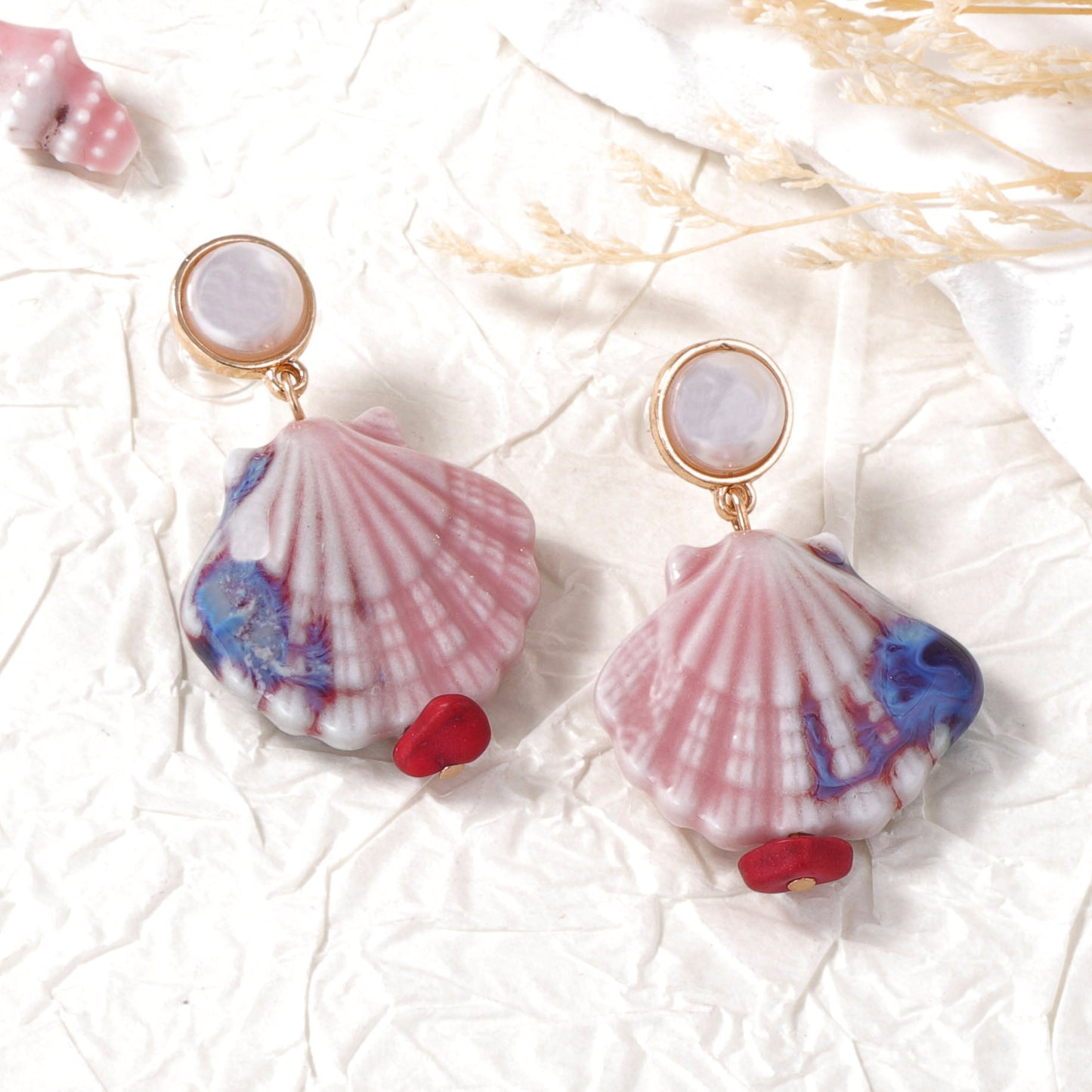 Ocean-Inspired Colorful Ceramic Shell Earrings with Faux Pearls - Trendy, Versatile, and Casual Jewelry for Women