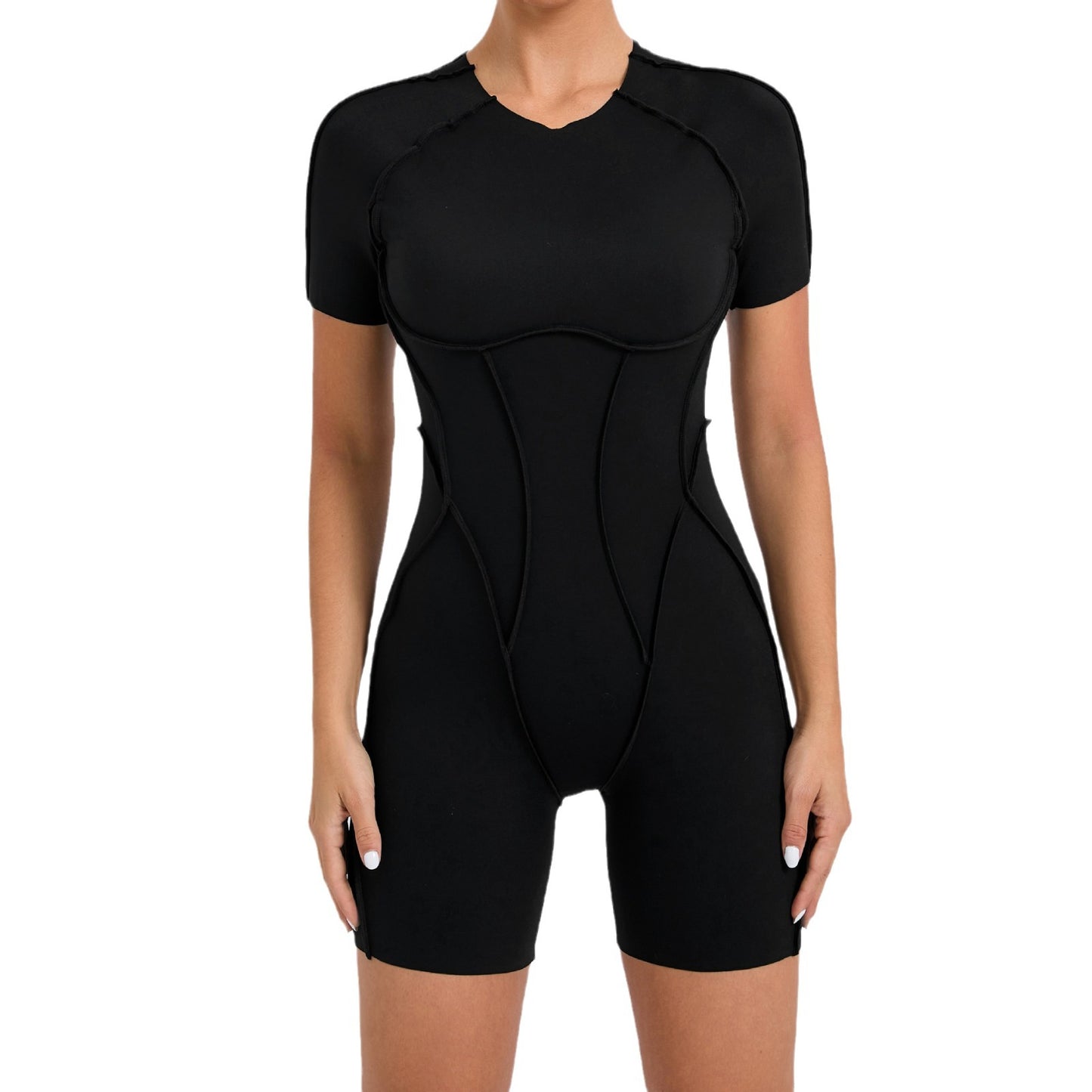 Seamlessly Designed Exposed Stitching Sports Bodysuit Short Sleeve Hollow Back Yoga Outfit for Women for Fitness and Fashion