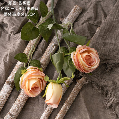 Realistic Three-Headed Miniature Rose Artificial Flower Arrangement for Home Décor and Wedding Celebrations - Perfect for Lasting Beauty (Model MW66009)