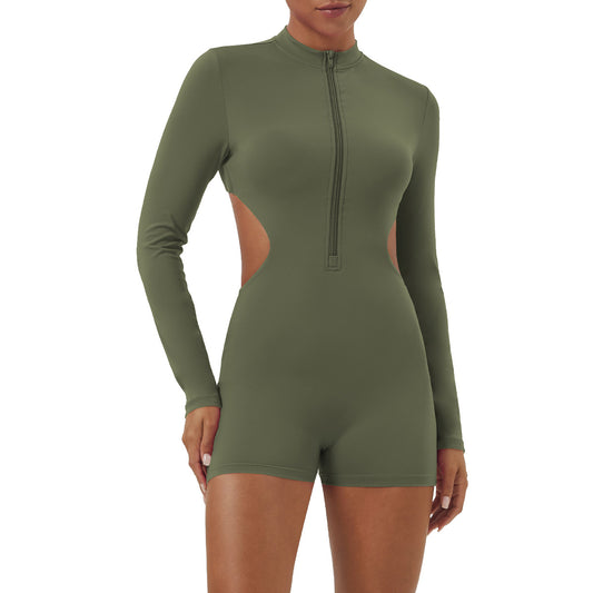 Women's Long Sleeve Half Zip Bodysuit Form Fitting Hollow Out Design with Open Waist for Yoga and Fitness Includes Removable Padding for Enhanced Comfort