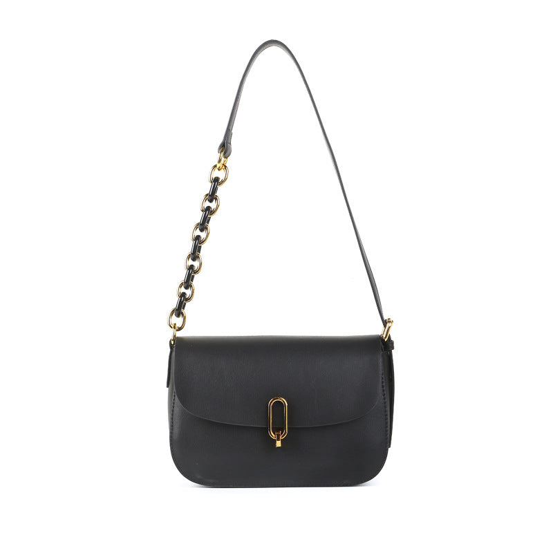 Genuine Leather Saddle Bag Chic and Minimalist Design with Unique Lock Closure Women's Chain Shoulder and Crossbody Bag