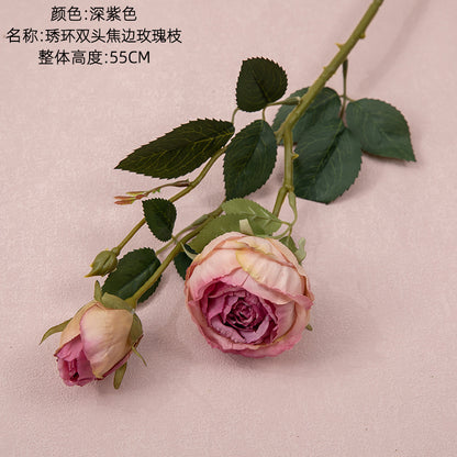 Stunning Double-Headed Focused Edge Rose Branch - Realistic Faux Flowers for Home Décor and Wedding Celebrations - Perfect for INS Trendy Aesthetic - MW52001