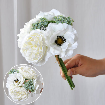 Nordic-Inspired Artificial Peony Bouquet - Fresh and Elegant Silk Flower Handheld Arrangement for Modern Weddings - Ideal Bridal Bouquet with Silver Lotus Accents