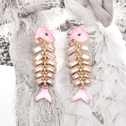 Vintage-Inspired Fishbone Drop Earrings with Rhinestone Accents – Unique Zinc Alloy Animal-Inspired Jewelry for Women