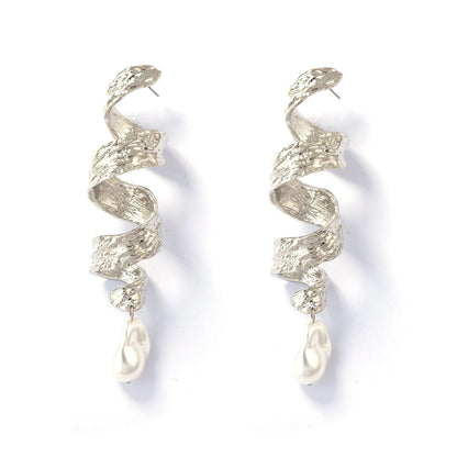 Vintage Baroque Alloy Geometric Twisted Spiral Ribbon Luxe Showstopper Faux Pearl Earrings - Elegant Statement Jewelry for any Occasion
