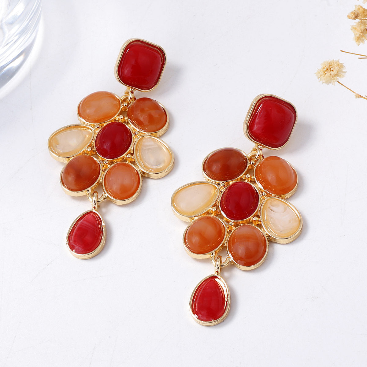 Vintage Melange Geometric Resin Gemstone Drop Earrings - Chic and Luxurious Statement Jewelry for Women