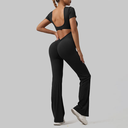 Women's Tight Fitting Yoga Jumpsuit with Hollow Design for Active Leisure and Fitness Activities